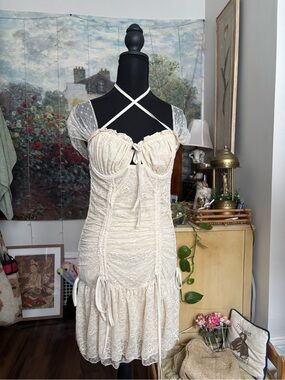 Current Mood Cream Lace Midi Dress with Sheer Sleeves and Crisscross Straps